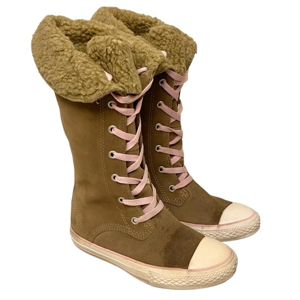 Converse Sharon Girls Youth Size 1 Tall Calf Sneakers Suede Beige Pink Shoes